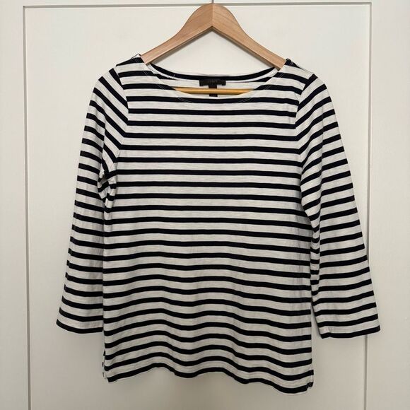 J Crew Top Women Sz M White Blue Stripe Boat Neck Nautical Coastal Preppy Casual - Picture 1 of 12